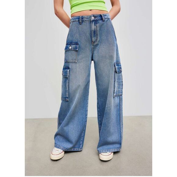 Cider Sz M Mid Rise Solid Wide Leg Cargo Jeans Skater Grunge - Picture 2 of 14